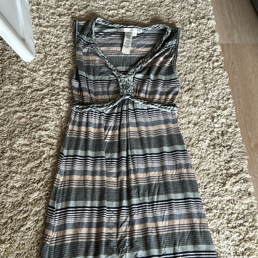 Blue/tan dress. 53” from shoulder. Excellent condition.